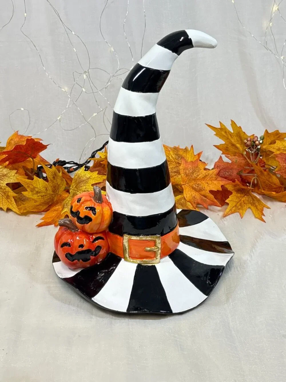 Black & White Striped Witch Hat Halloween Décor McKenzie Inspired Tabletop New